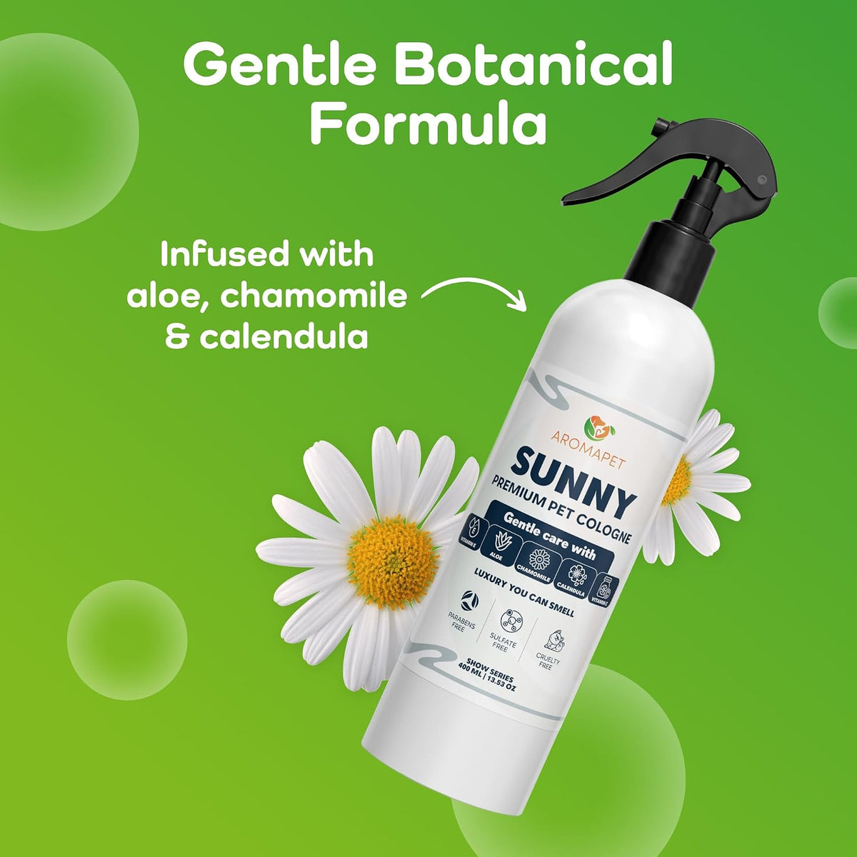 A bottle of AroVets Sunny Premium Pet Cologne in a white spray bottle with a black sprayer, set against a bright green background with daisy graphics and text reading 'Gentle Botanical Formula' and 'Infused with aloe, chamomile & calendula'.