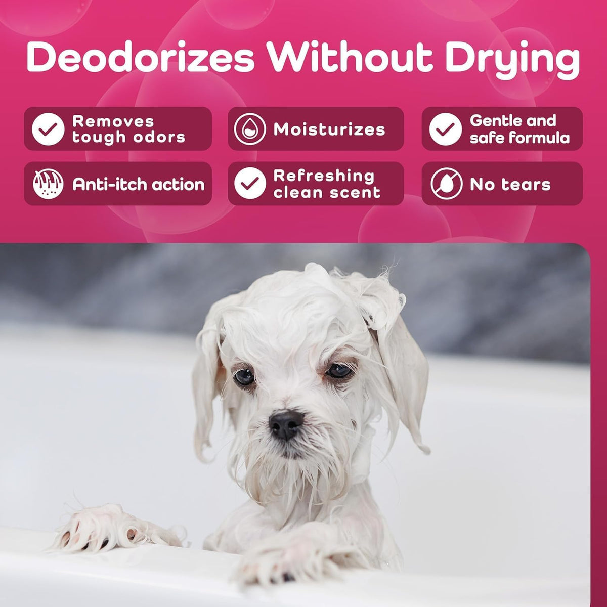 Dog lying on a towel with product features listed above it against a pink background