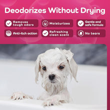 Dog lying on a towel with product features listed above it against a pink background