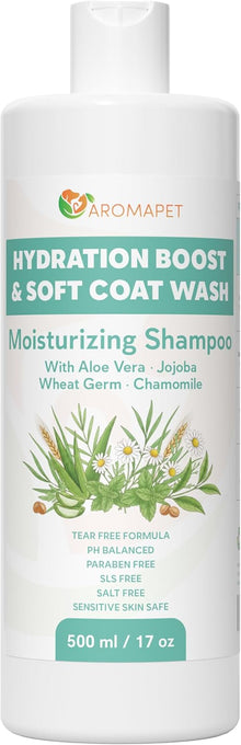 A 500 ml bottle of Aromapet Hydration Boost & Soft Coat Wash moisturizing shampoo, featuring a white bottle with a teal and green label containing botanical illustrations.
