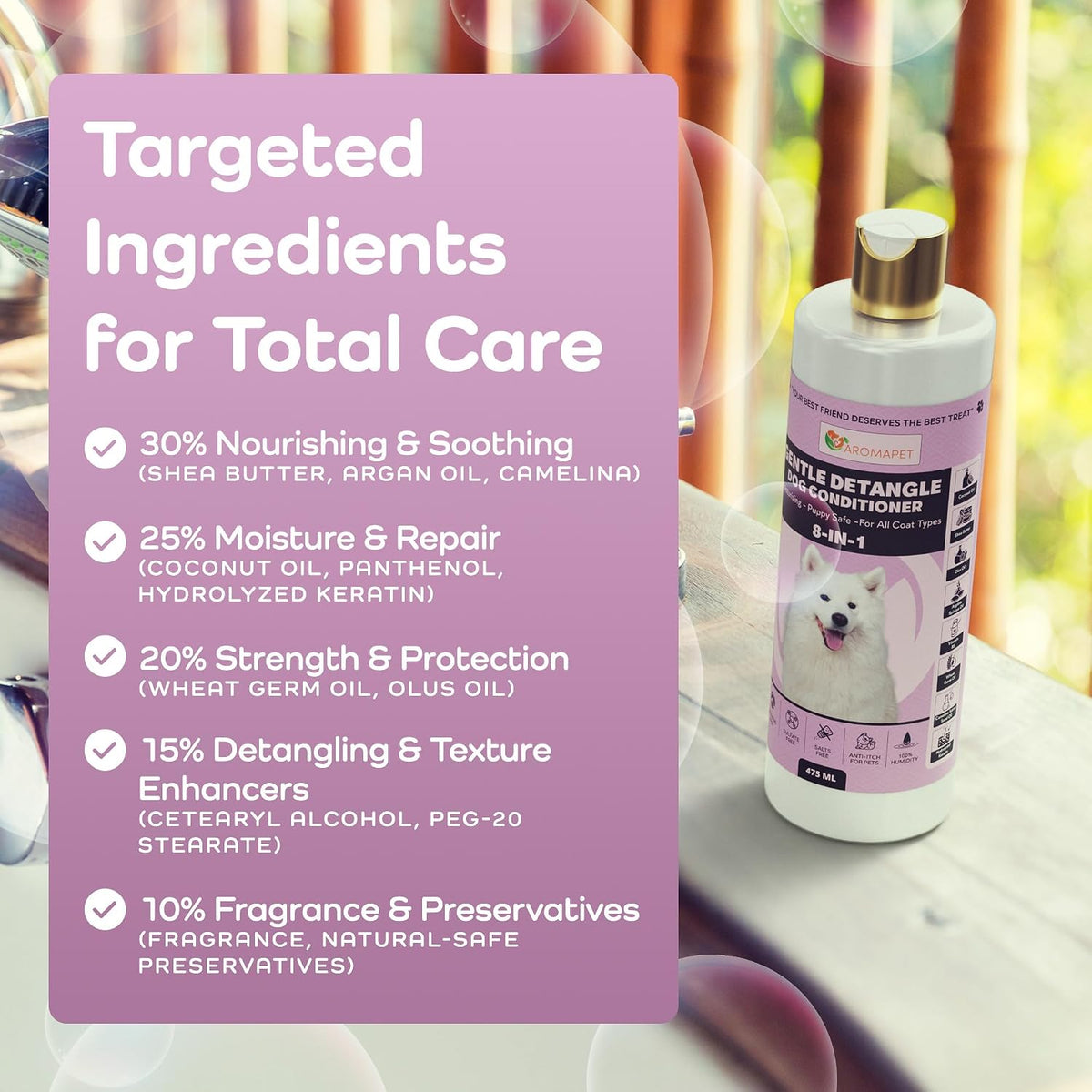 Dog shampoo bottle with targeted ingredients list on a purple background