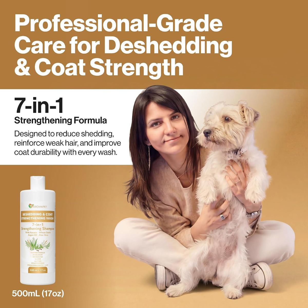 A woman sitting cross-legged on a tan studio background holds a small white dog while promoting a pet shampoo bottle. Large text reads 'Professional-Grade Care for Deshedding & Coat Strength' and '7-in-1 Strengthening Formula,' with the bottle labeled 'Gentle Care Strong Shampoo' shown at lower left.