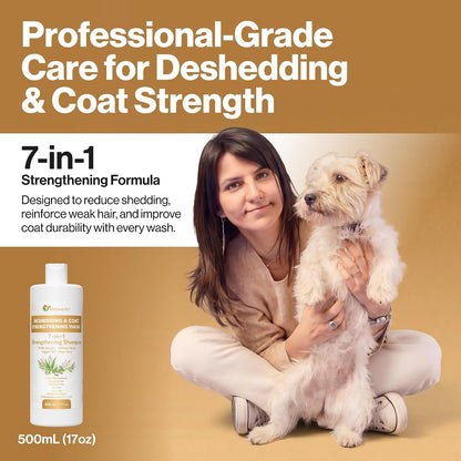 A woman sitting cross-legged on a tan studio background holds a small white dog while promoting a pet shampoo bottle. Large text reads 'Professional-Grade Care for Deshedding & Coat Strength' and '7-in-1 Strengthening Formula,' with the bottle labeled 'Gentle Care Strong Shampoo' shown at lower left.