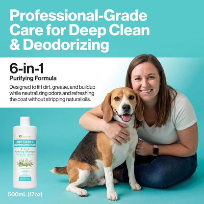 A woman hugging a beagle dog sits on a teal background next to a bottle of pet shampoo. The image is an advertisement with text reading 'Professional-Grade Care for Deep Clean & Deodorizing' and '6-in-1 Purifying Formula.