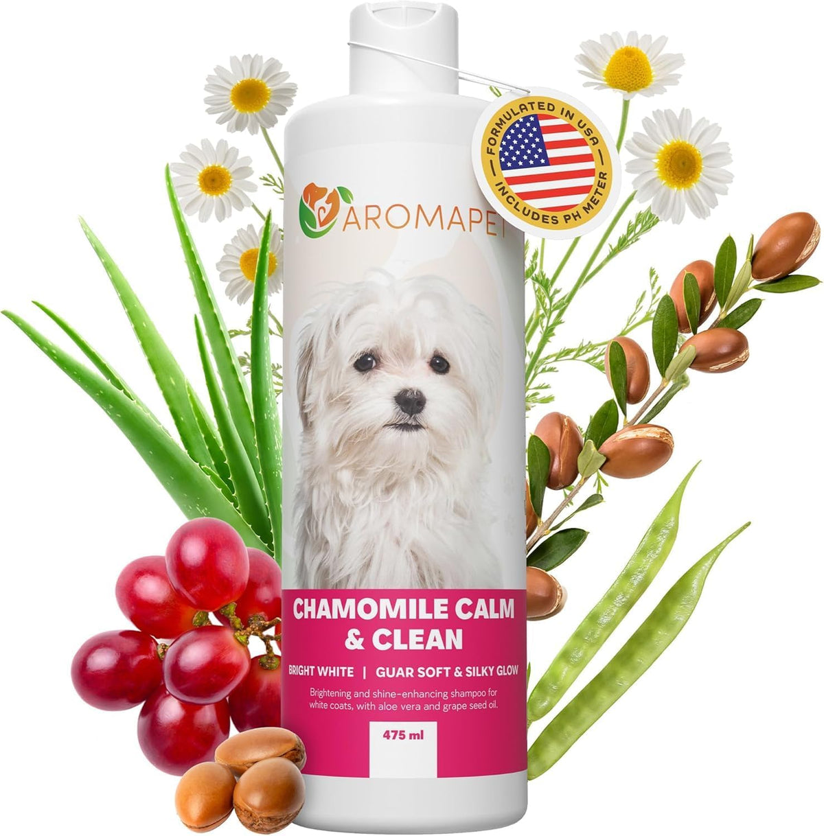 Bottle of Aromapet dog shampoo with a dog's face on it, surrounded by flowers, herbs, and fruits.
