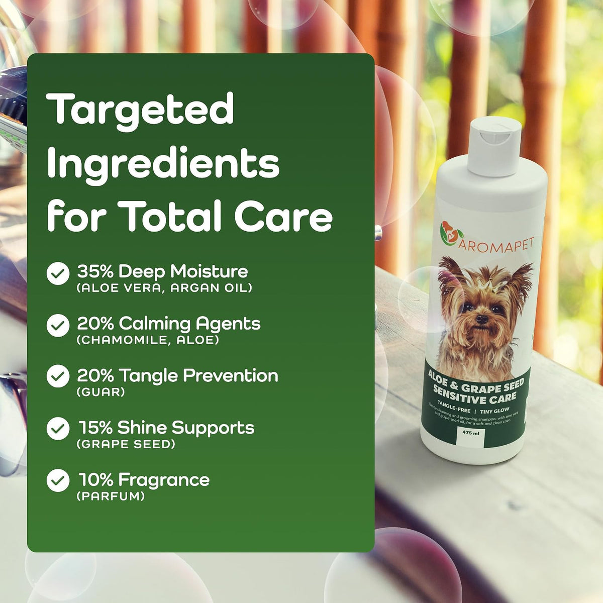 A bottle of Aromapet Aloe & Grape Seed Sensitive Care pet shampoo stands on a windowsill with a green text panel highlighting its targeted ingredients. The bottle is white with a label featuring a small Yorkshire dog and green and white text.
