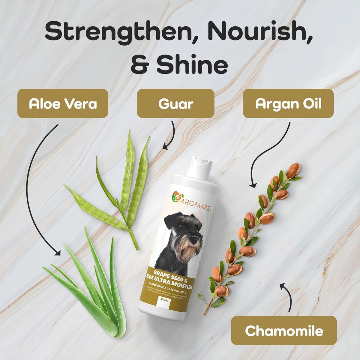 Dog shampoo bottle with ingredients labeled on a light wooden background