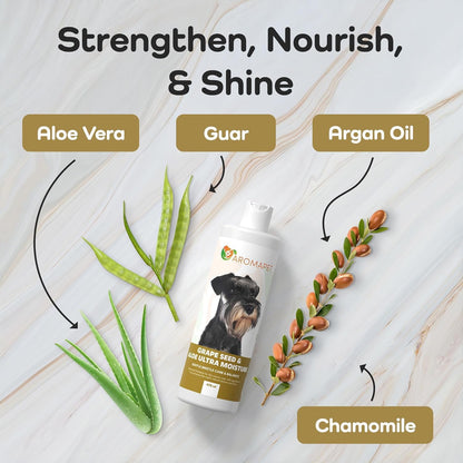 Dog shampoo bottle with ingredients labeled on a light wooden background