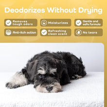 Dog lying on a white towel with product features listed above it