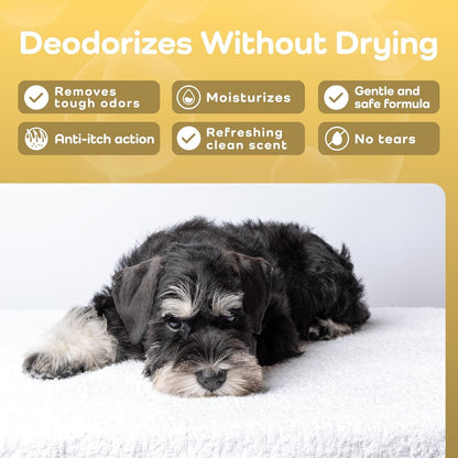 Dog lying on a white towel with product features listed above it