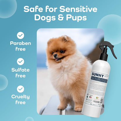 A pet grooming spray bottle labeled 'SUNNY' shown next to a fluffy cream Pomeranian dog on a light blue graphic background with text reading 'Safe for Sensitive Dogs & Pups,' 'Paraben free,' 'Sulfate free,' and 'Cruelty free.'.