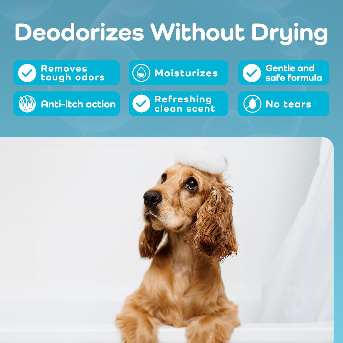Dog sitting on a white towel with product features listed above it