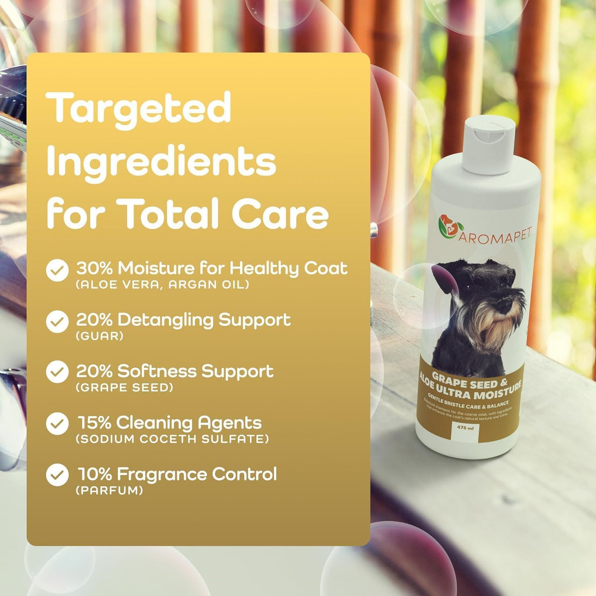 Dog shampoo bottle with targeted ingredients for total care on a yellow background