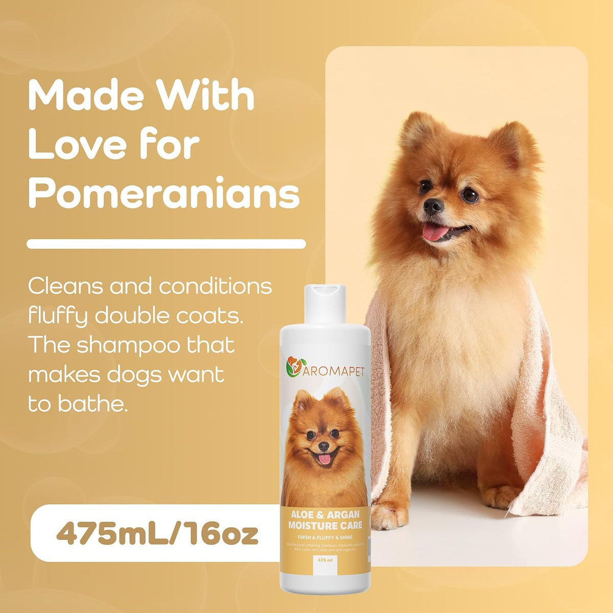 Dog shampoo bottle for Pomeranians with a Pomeranian dog on a yellow background