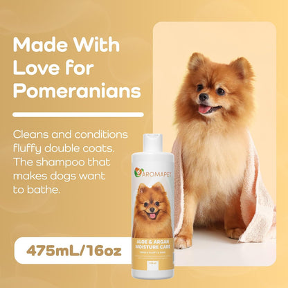 Dog shampoo bottle for Pomeranians with a Pomeranian dog on a yellow background
