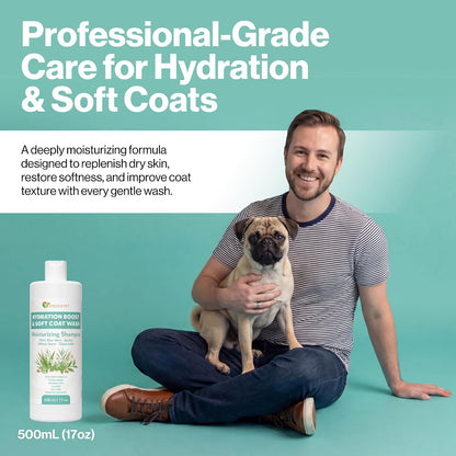 A man sitting cross-legged on a teal background holds a small pug dog while promoting a bottle of Petition Professional Soft Coat Wash. The image includes large white text at the top reading 'Professional-Grade Care for Hydration & Soft Coats' and a product bottle shown at the bottom left with '500mL (17oz)' below it.