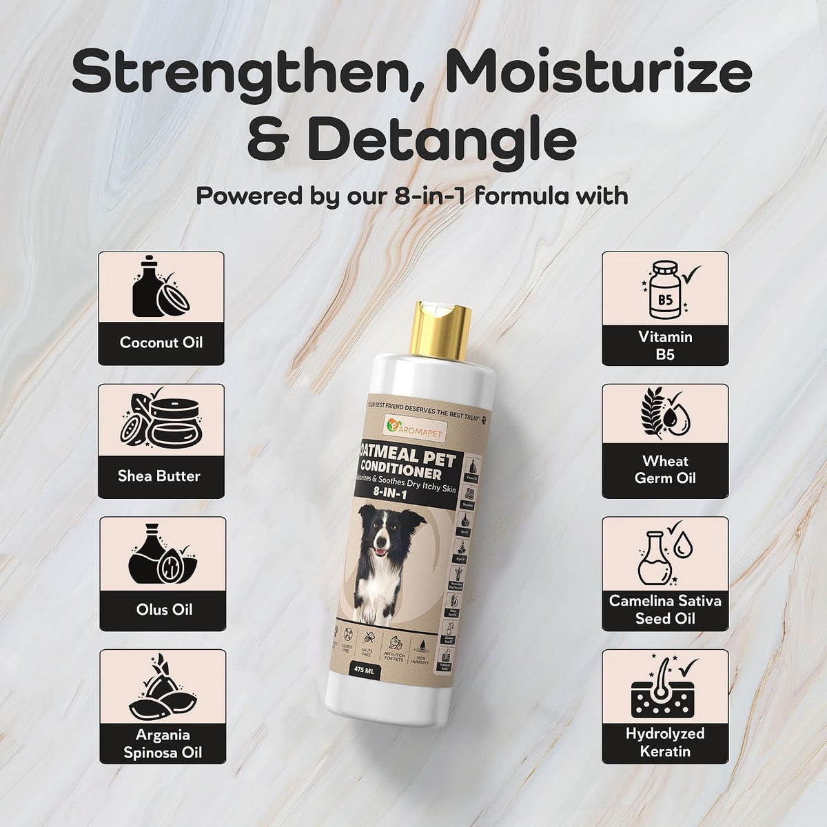 White and gold bottle of WhiteMeal Pet Conditioner centered on a light marble background, surrounded by ingredient callouts and the headline 'Strengthen, Moisturize & Detangle.'.