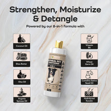 White and gold bottle of WhiteMeal Pet Conditioner centered on a light marble background, surrounded by ingredient callouts and the headline 'Strengthen, Moisturize & Detangle.'.