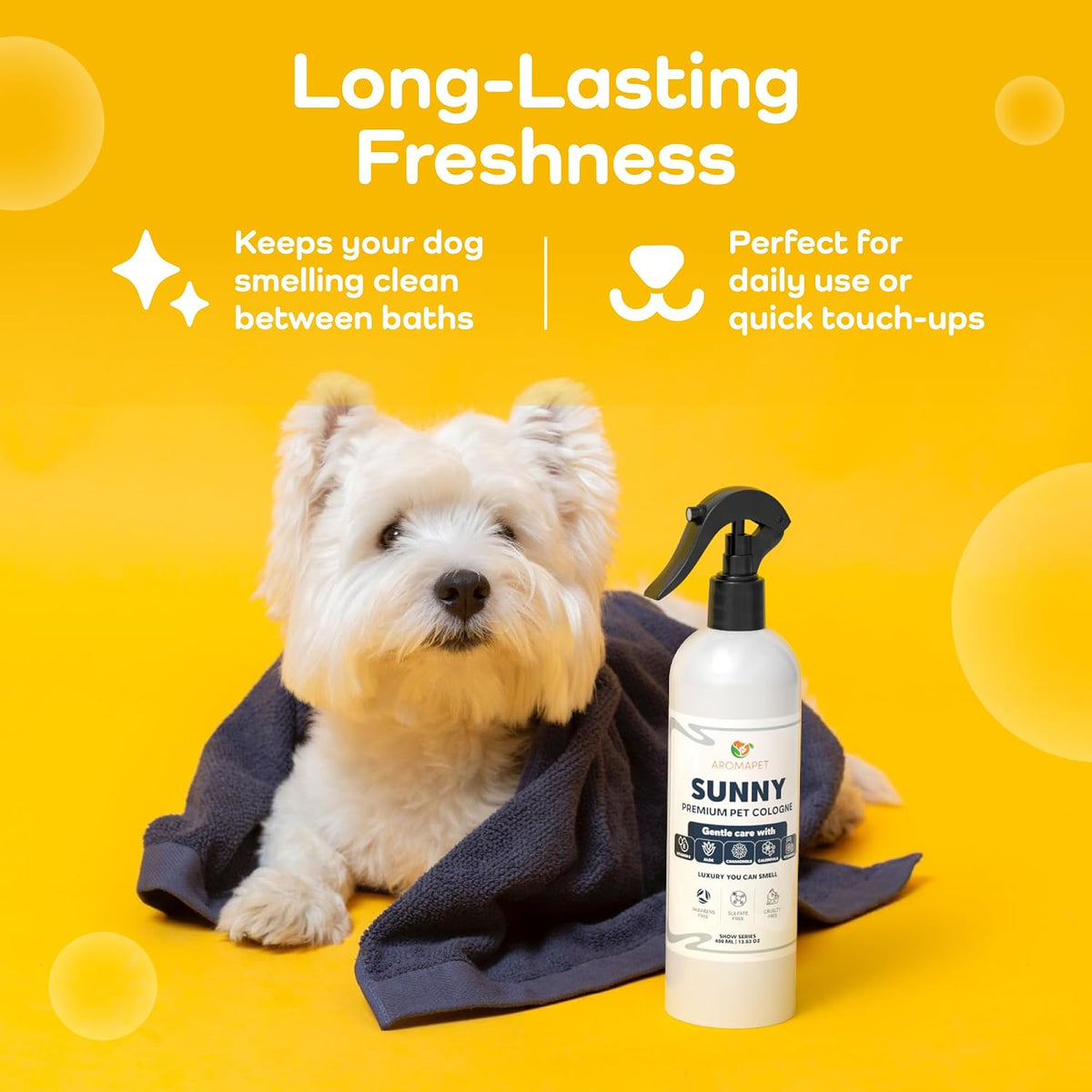 A white dog towel spray bottle labeled 'SUNNY' stands next to a small white dog wrapped in a dark towel on a bright yellow background with promotional text.