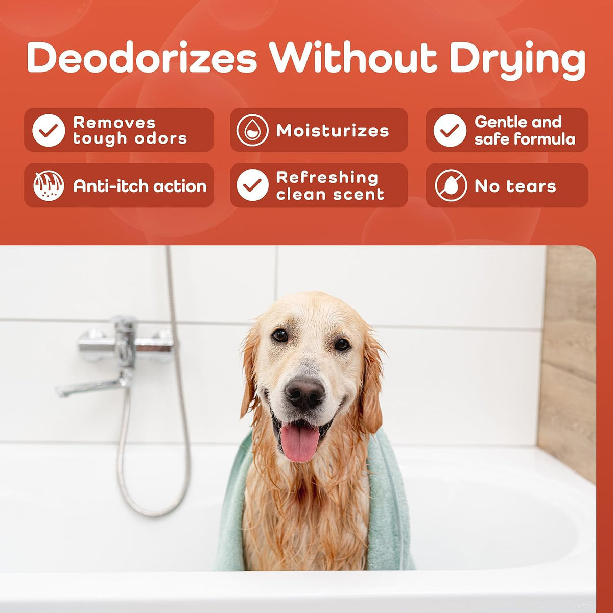 Dog in a bath with shower head and towel, featuring product benefits on an orange background