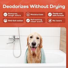 Dog in a bath with shower head and towel, featuring product benefits on an orange background