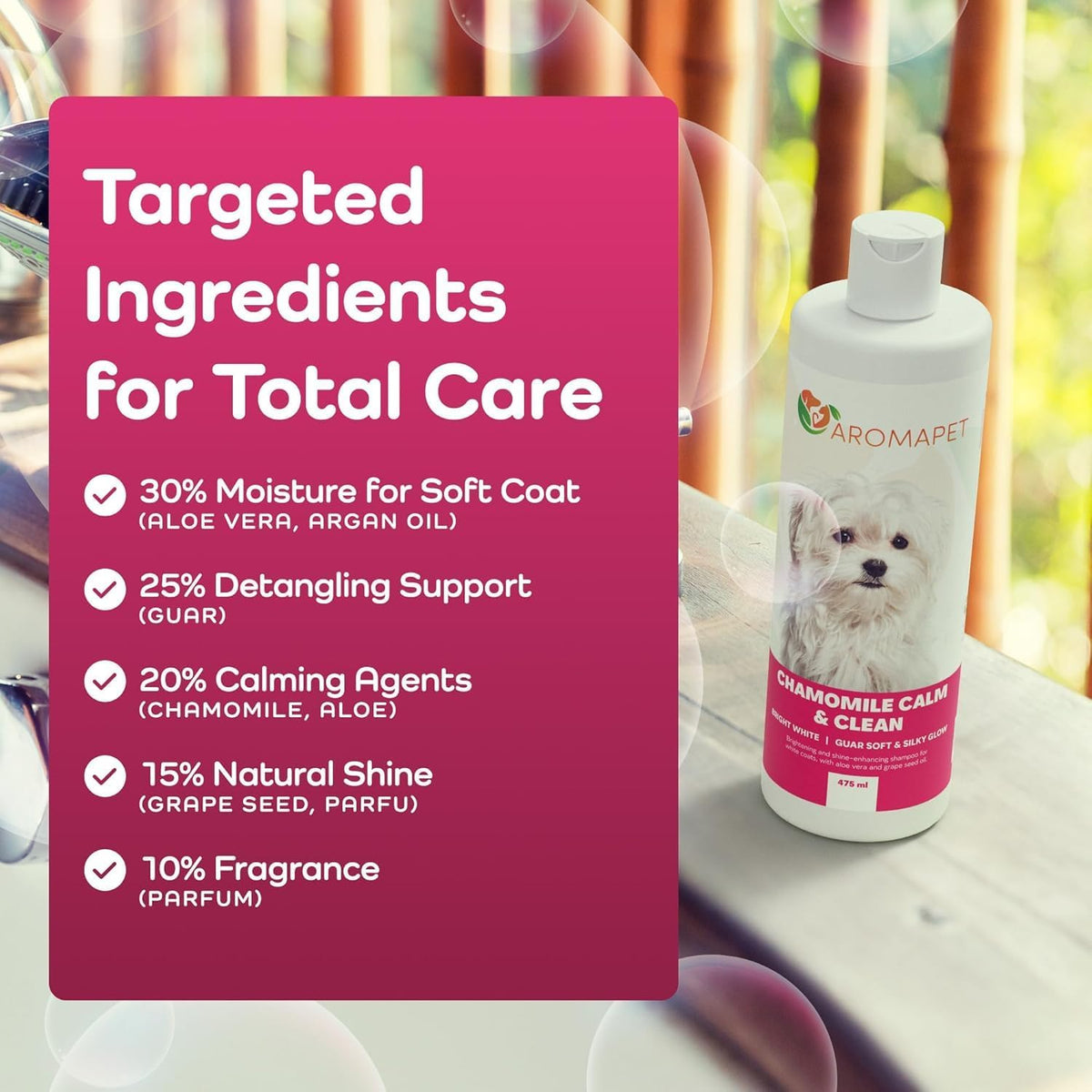 Dog shampoo bottle with targeted ingredients for total care on a pink background