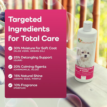 Dog shampoo bottle with targeted ingredients for total care on a pink background