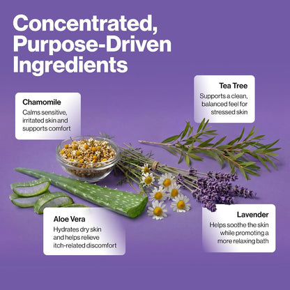 An informational graphic on a purple background titled 'Concentrated, Purpose-Driven Ingredients' showing botanical ingredients labeled Chamomile, Tea Tree, Aloe Vera, and Lavender with a small bowl of chamomile seeds.