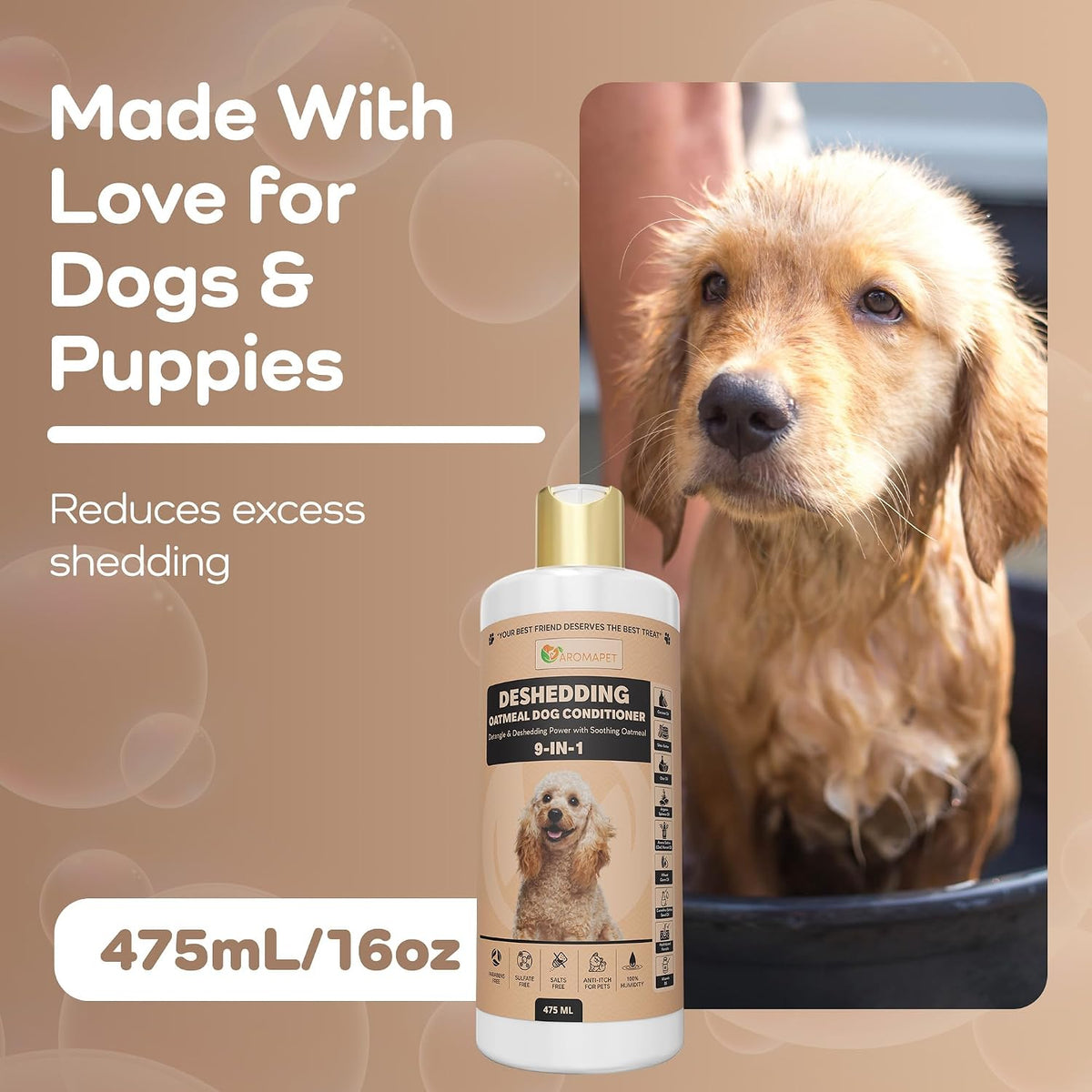 Dog shampoo bottle with a dog in a bath, text 'Made With Love for Dogs & Puppies' and product details.