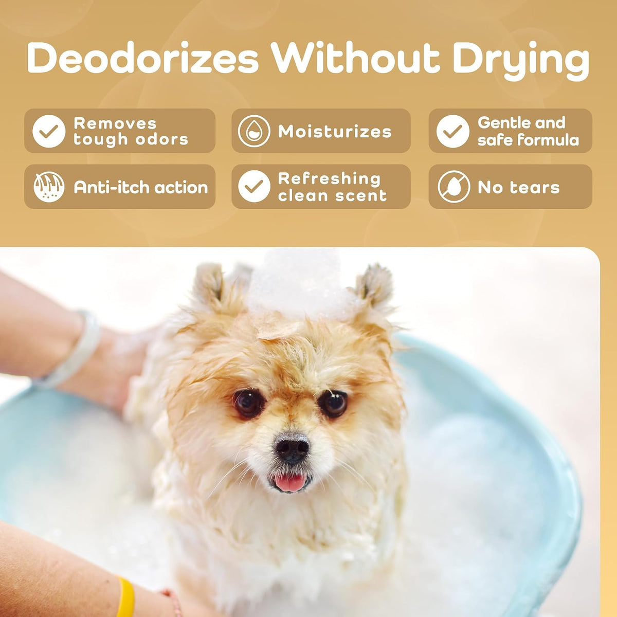 Dog being bathed with text highlighting product benefits on a beige background