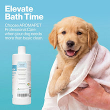 A golden retriever puppy wrapped in a white towel being held by a person, with a bottle of AROMAPET pet bath cleaner shown on a bright blue background with promotional text.