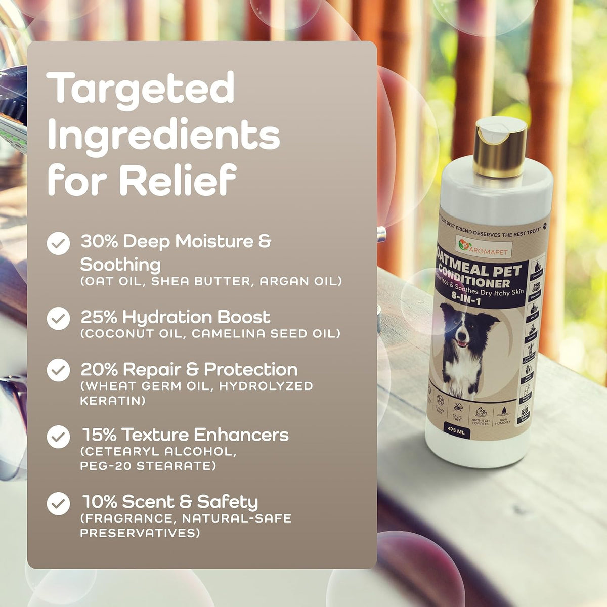 Dog shampoo bottle with targeted ingredients for relief on a neutral background