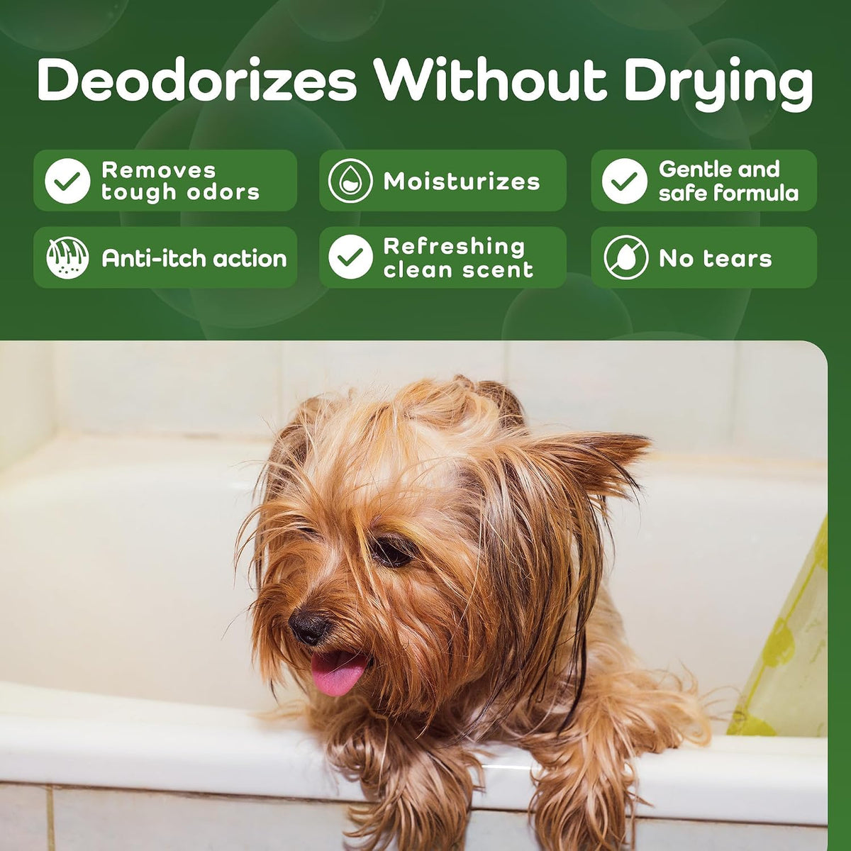 Dog in a bath with product features listed above it