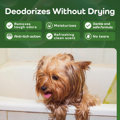 Dog in a bath with product features listed above it