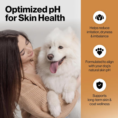 A woman in a beige sweater holds a fluffy white dog against a light background, with large text reading 'Optimized pH for Skin Health' and an orange side panel with three white icons and callout text about reducing skin irritation, aligning with natural skin pH, and supporting long-term skin and coat wellness.