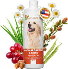 Dog shampoo bottle with aloe vera, argan oil, and a dog on the label surrounded by plants and fruits.
