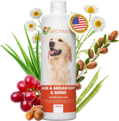 Dog shampoo bottle with aloe vera, argan oil, and a dog on the label surrounded by plants and fruits.