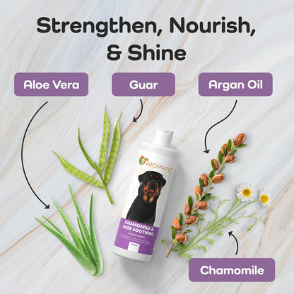Dog shampoo bottle with ingredients labeled on a light wooden background