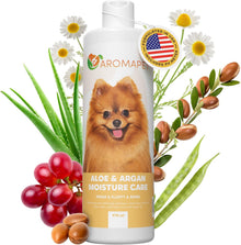 Bottle of Aromapet Aloe & Argan Moisture Care for dogs with a dog illustration on a white background.