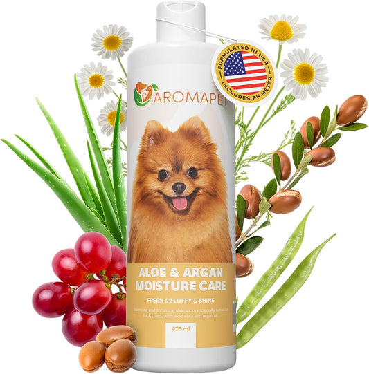 Bottle of Aromapet Aloe & Argan Moisture Care for dogs with a dog illustration on a white background.