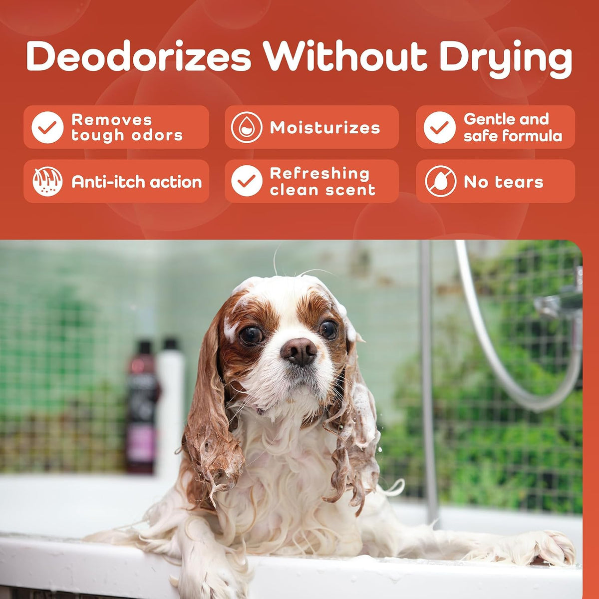 A wet brown-and-white dog sitting in a bathtub with promotional text at the top reading 'Deodorizes Without Drying' and feature callouts about removing tough odors, moisturizing, gentle and safe formula, anti-itch action, refreshing clean scent, and no tears.