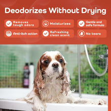 A wet brown-and-white dog sitting in a bathtub with promotional text at the top reading 'Deodorizes Without Drying' and feature callouts about removing tough odors, moisturizing, gentle and safe formula, anti-itch action, refreshing clean scent, and no tears.