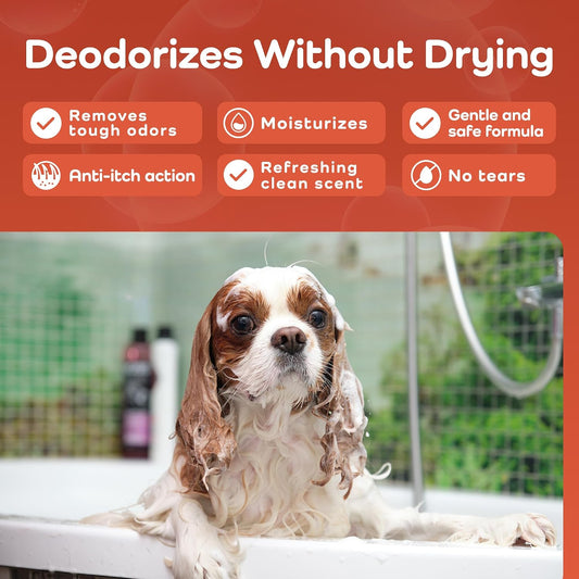 A wet brown-and-white dog sitting in a bathtub with promotional text at the top reading 'Deodorizes Without Drying' and feature callouts about removing tough odors, moisturizing, gentle and safe formula, anti-itch action, refreshing clean scent, and no tears.
