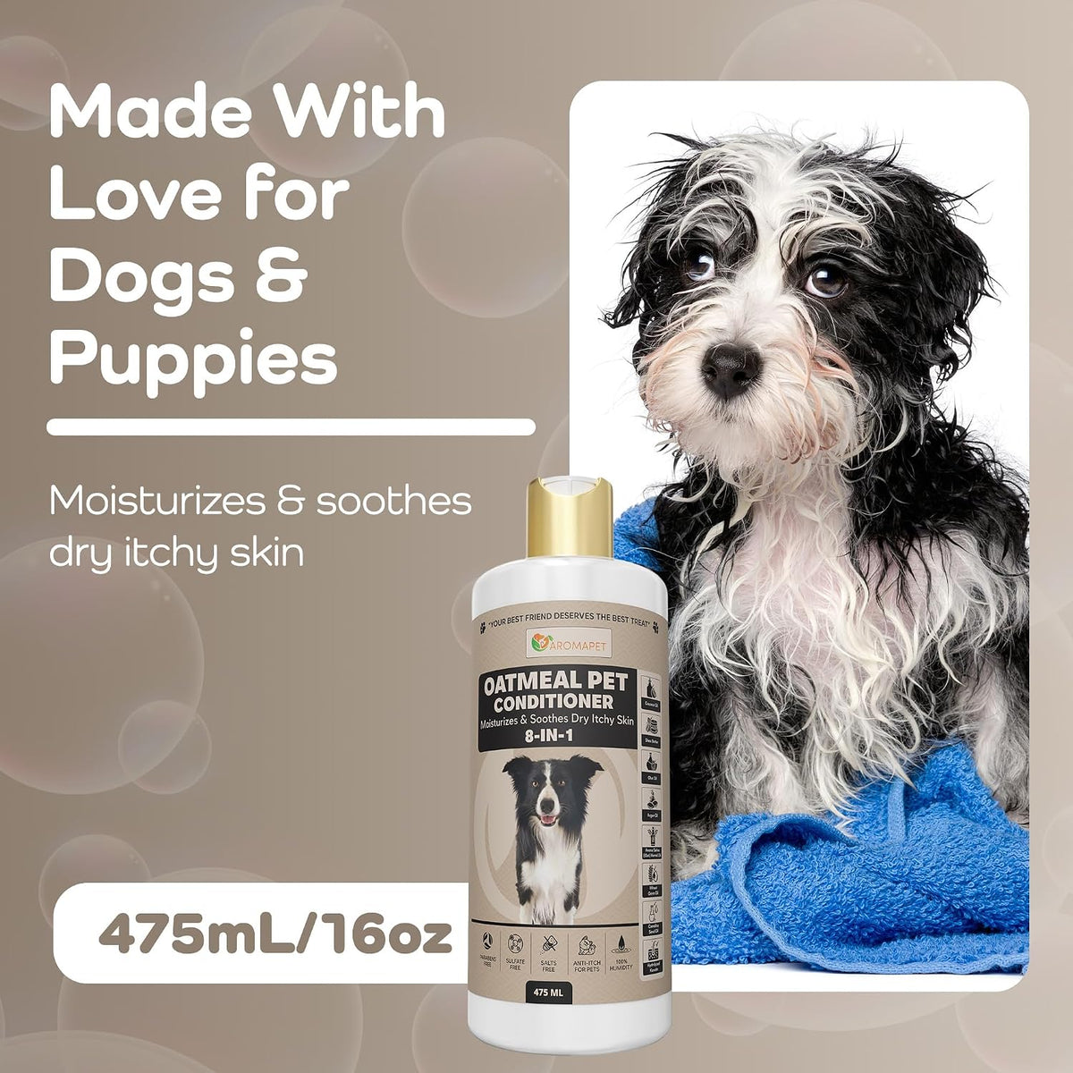 Oatmeal pet conditioner bottle with a dog and towel on a beige background