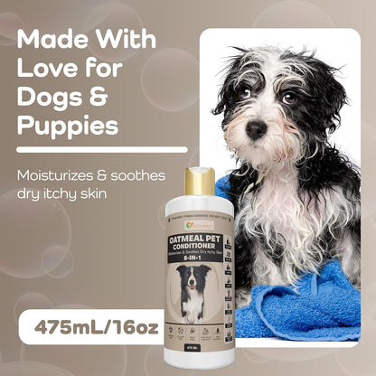 Oatmeal pet conditioner bottle with a dog and towel on a beige background