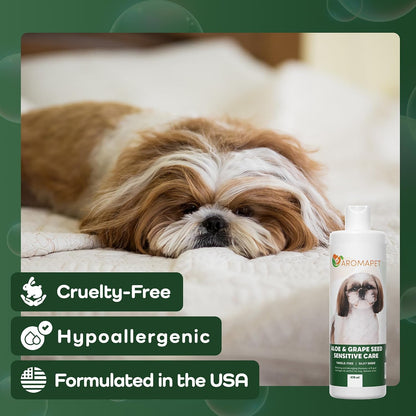 Dog lying on a bed with a bottle of Aromapet product, featuring cruelty-free, hypoallergenic, and USA-formulated text.