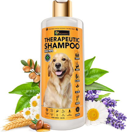 A 500 ml bottle of Bionapart Pet Therapeutic Shampoo for dogs, featuring a golden retriever on the label, surrounded by decorative botanical elements including wheat, lavender, daisies, and green leaves on a white background.