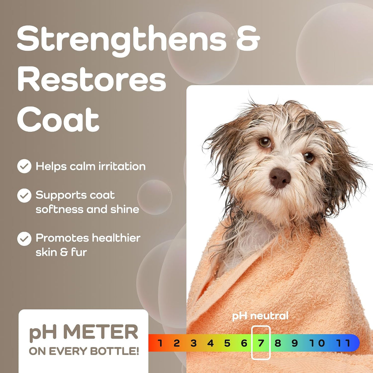 Dog wrapped in a towel with product benefits text and pH meter on a gray background