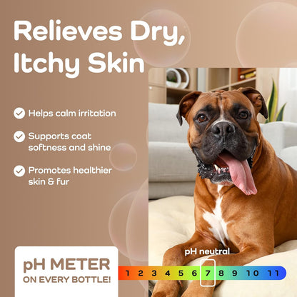 Dog sitting on a couch with product benefits text and pH meter graphic.