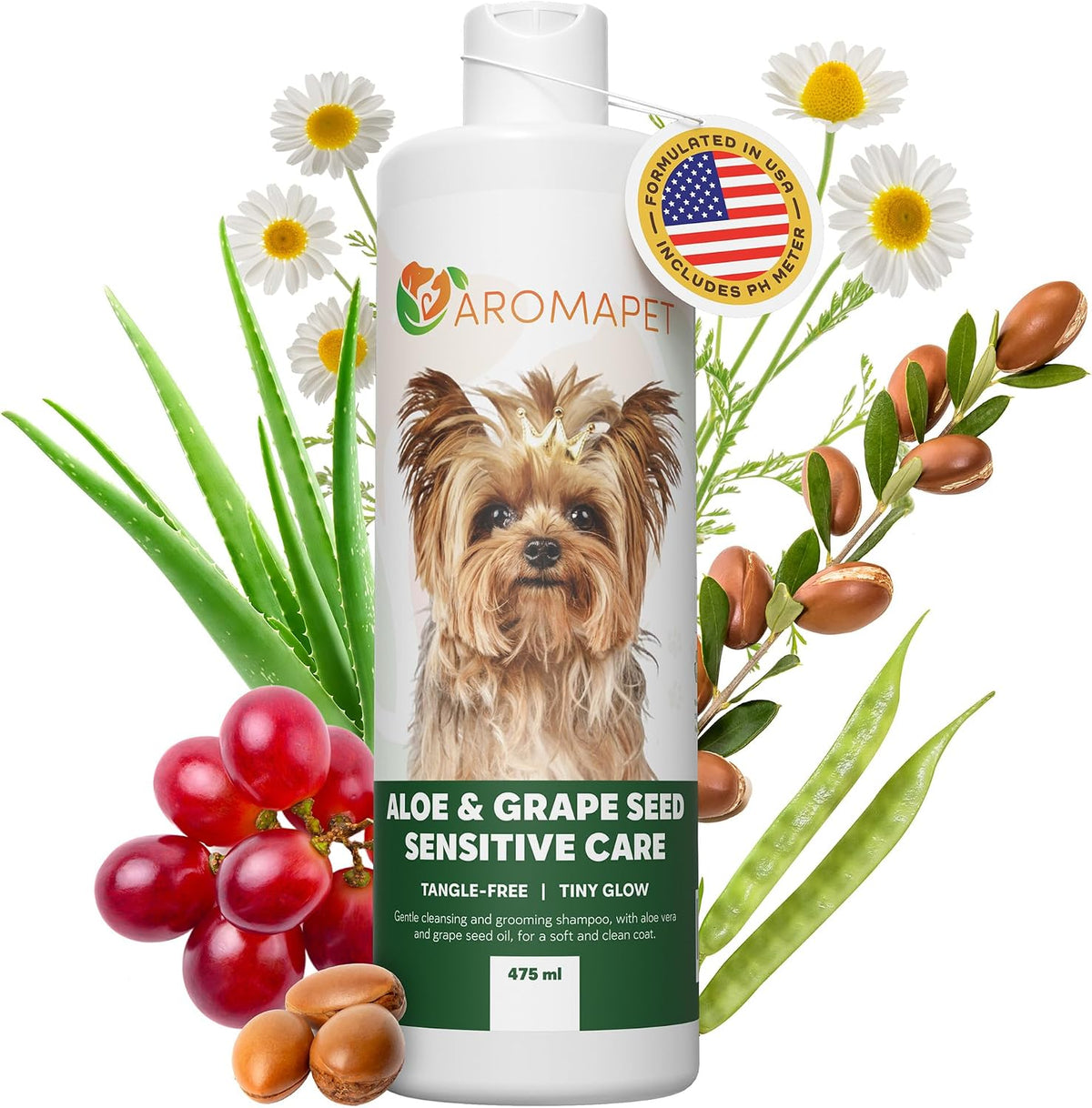Aromapet bottle for dog care with a dog illustration, aloe vera leaves, grapes, and grape seeds on a white background.